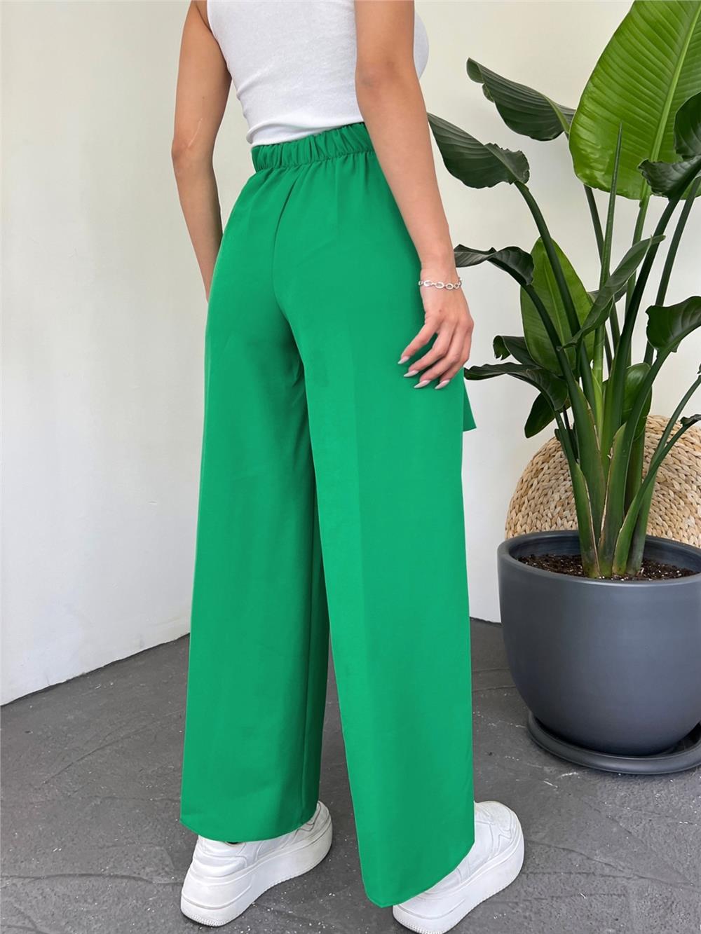 Tie Waist Double Wide Leg Trousers -Spring Green-286-0760-R66
