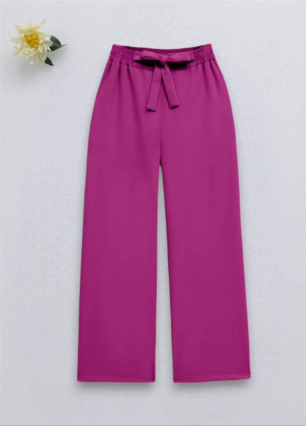 Beli Bağcıklı Double Bol Paça Pantolon          -Nar Çiçeği-286-0760-R40