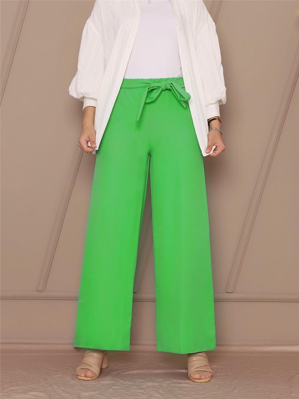 Tie Waist Double Wide Leg Trousers -Light Green-286-0760-R69