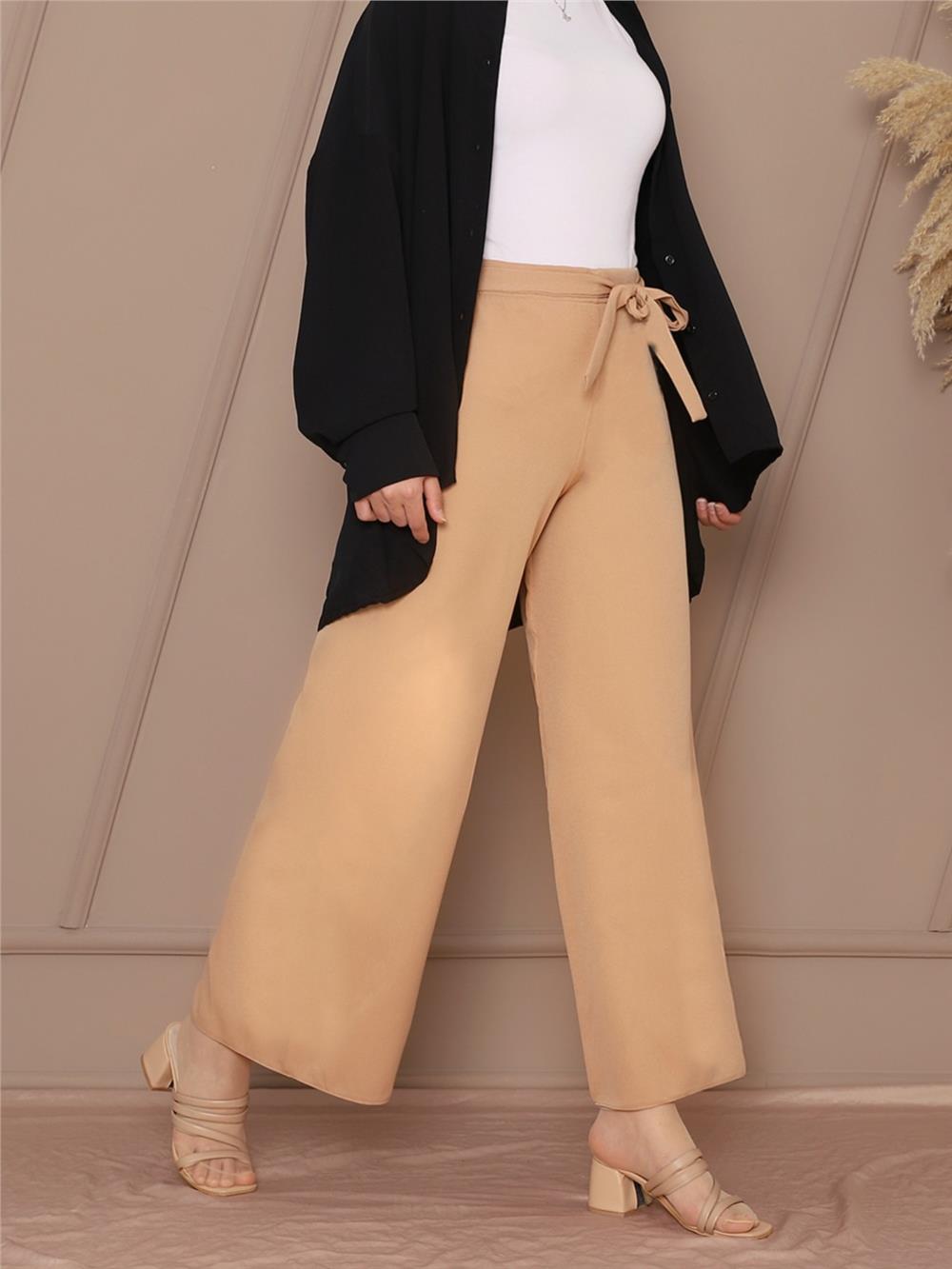 Tie Waist Double Wide Leg Trousers -Stone-286-0760-R43