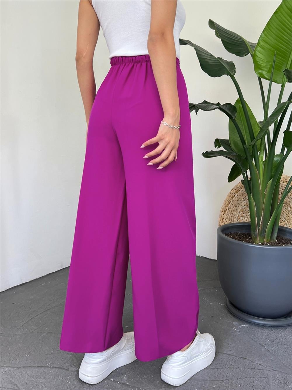 Tie Waist Double Wide Leg Trousers -Fuchsia-286-0760-R14