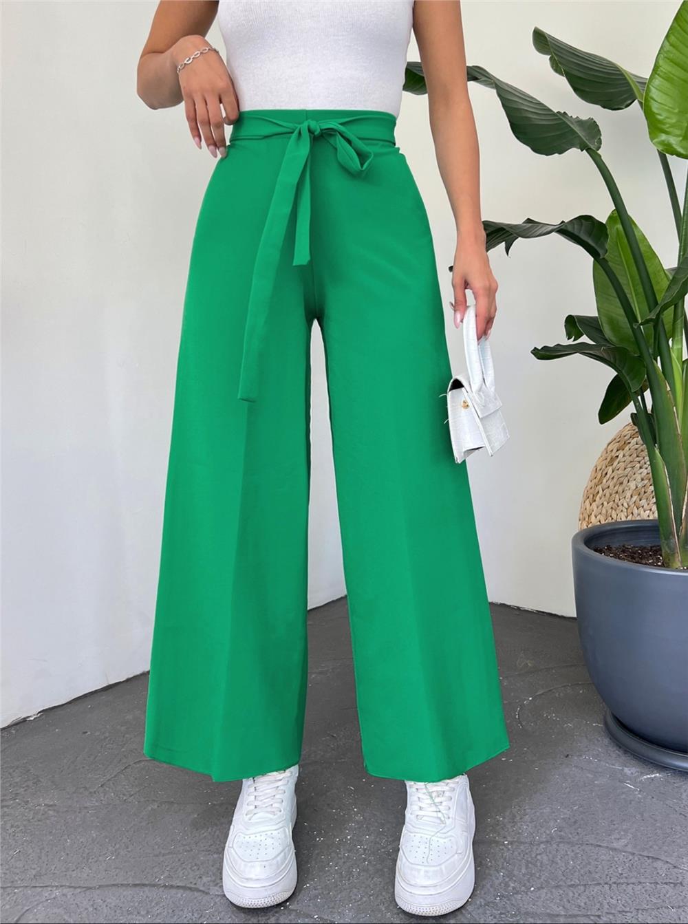 Tie Waist Double Wide Leg Trousers -Spring Green-286-0760-R66