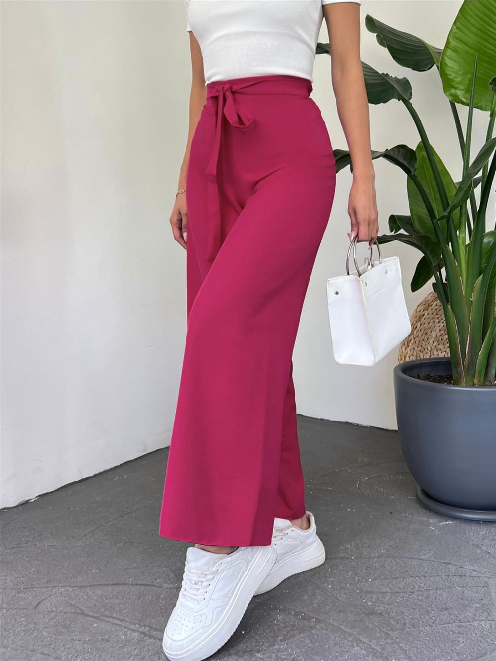 Beli Bağcıklı Double Bol Paça Pantolon          -Nar Çiçeği-286-0760-R40