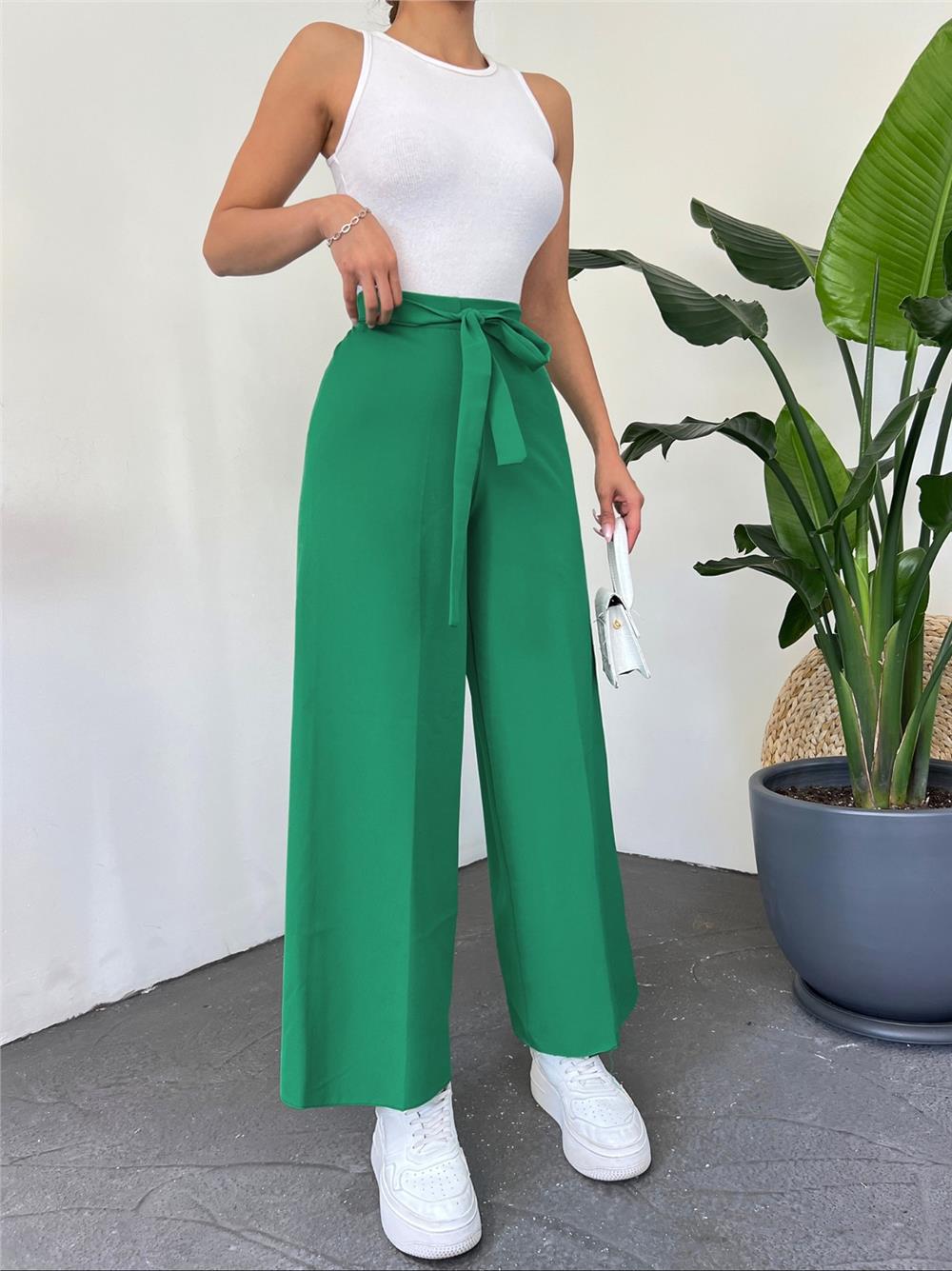 Tie Waist Double Wide Leg Trousers -Spring Green-286-0760-R66
