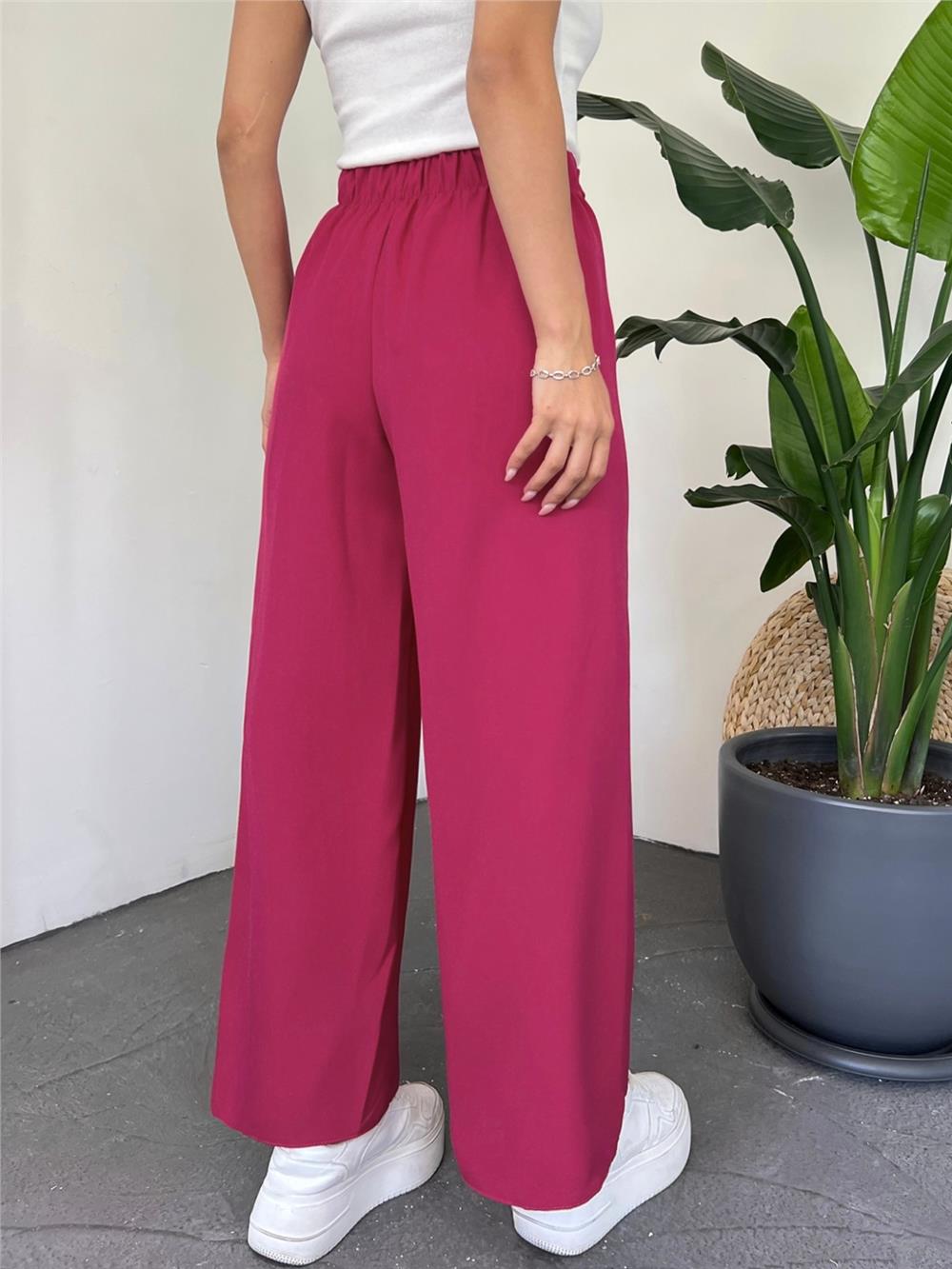 Beli Bağcıklı Double Bol Paça Pantolon          -Nar Çiçeği-286-0760-R40