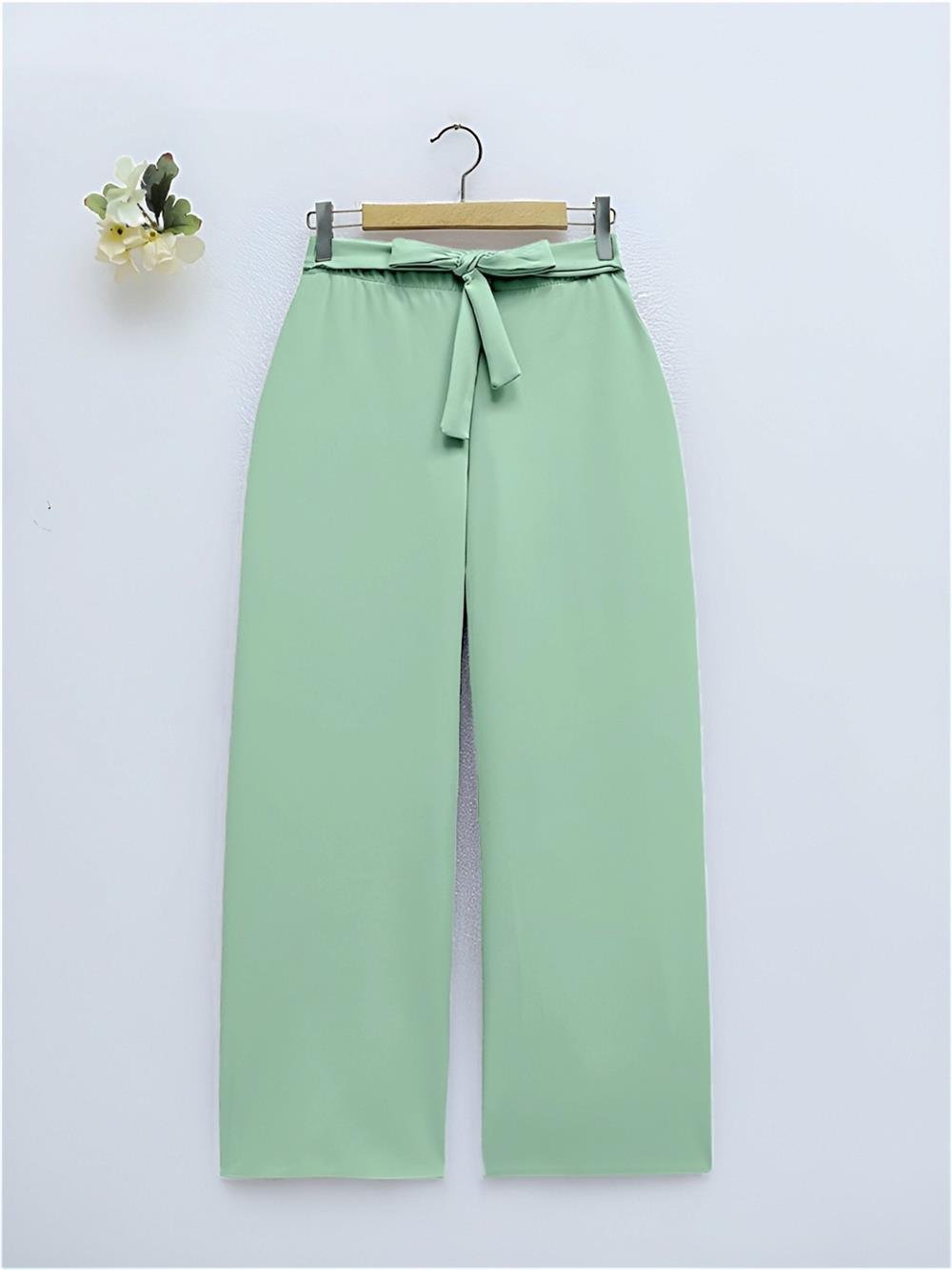 Tie Waist Double Wide Leg Trousers -Sea Green-286-0760-R36