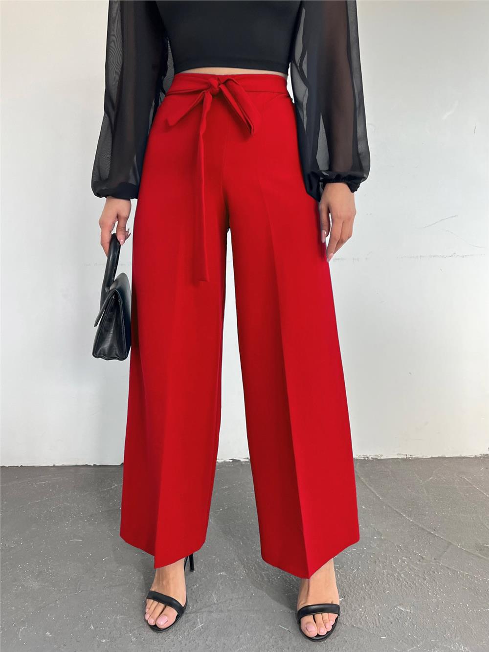 Tie Waist Double Wide Leg Trousers -Red-286-0760-R33