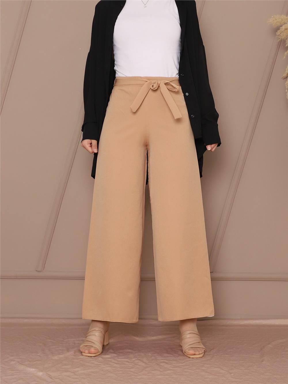 Tie Waist Double Wide Leg Trousers -Stone-286-0760-R43