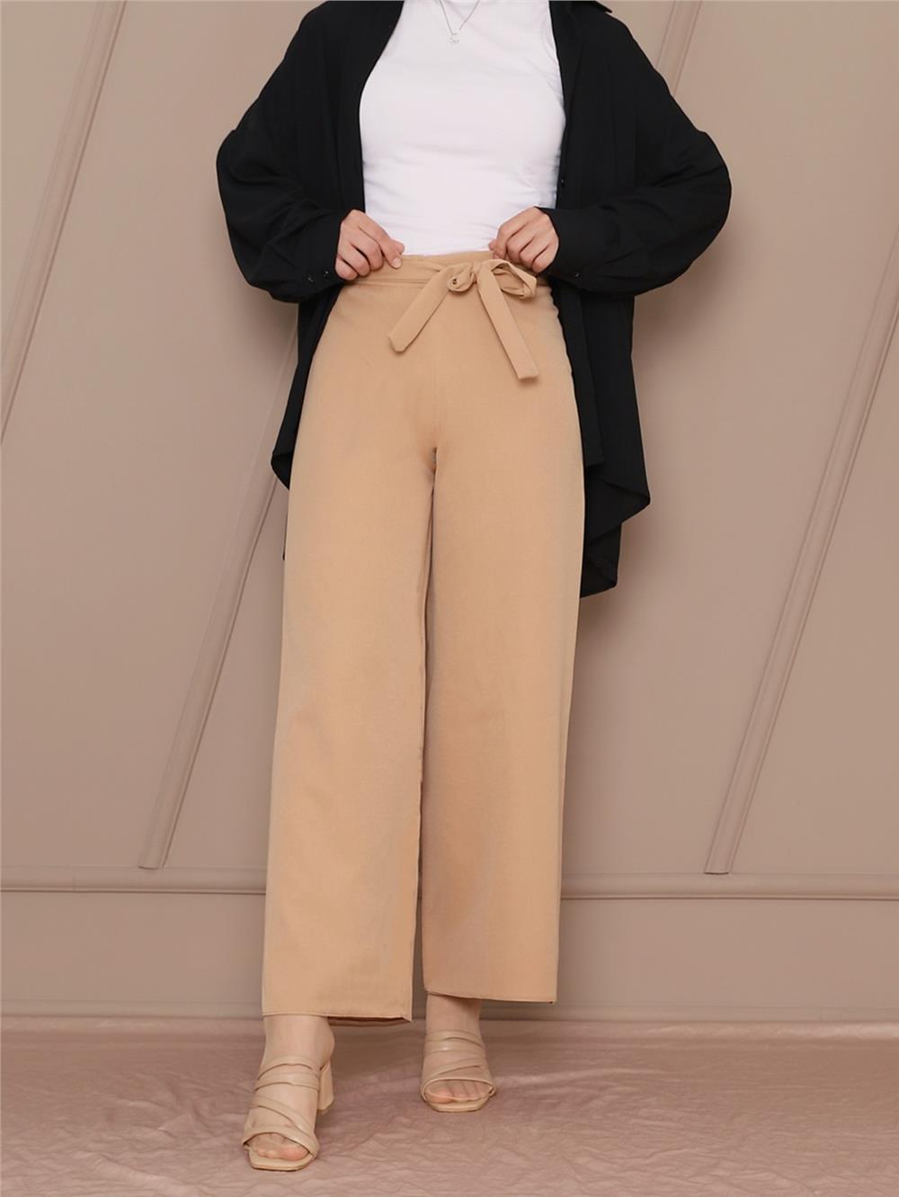 Tie Waist Double Wide Leg Trousers -Stone-286-0760-R43