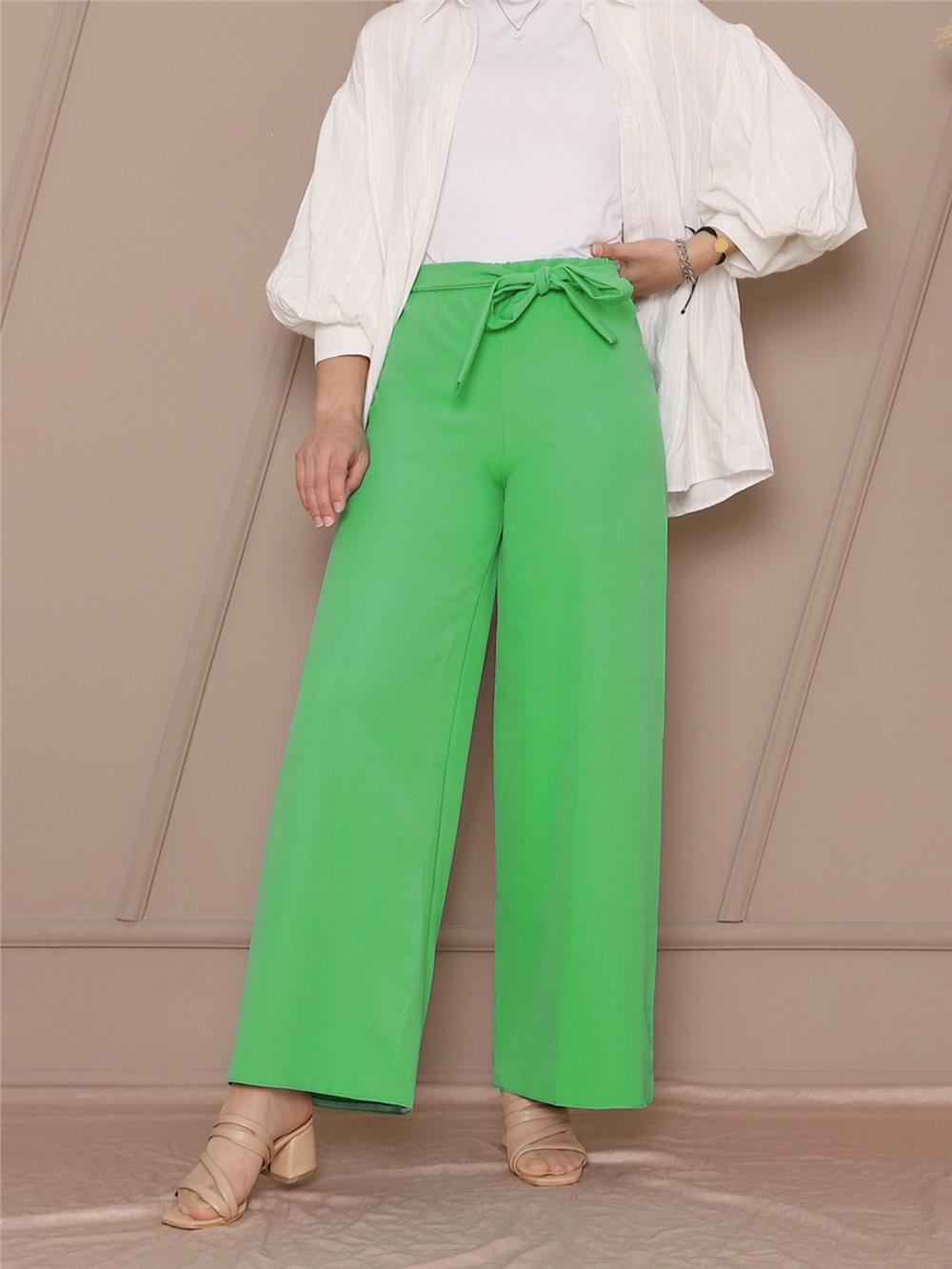 Tie Waist Double Wide Leg Trousers -Light Green-286-0760-R69