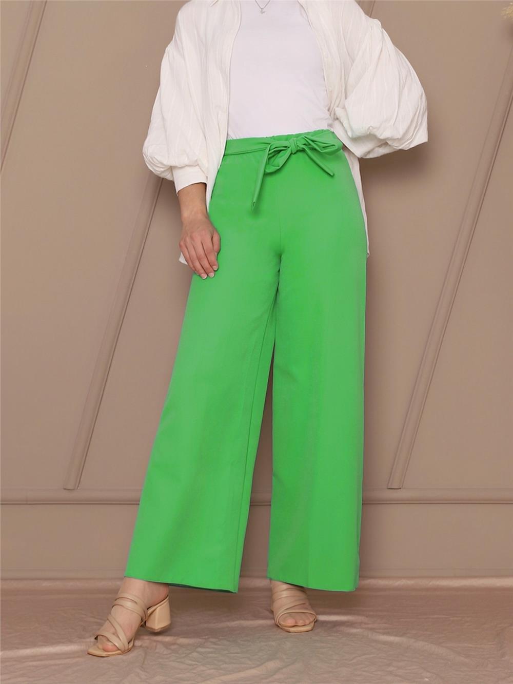 Tie Waist Double Wide Leg Trousers -Light Green-286-0760-R69