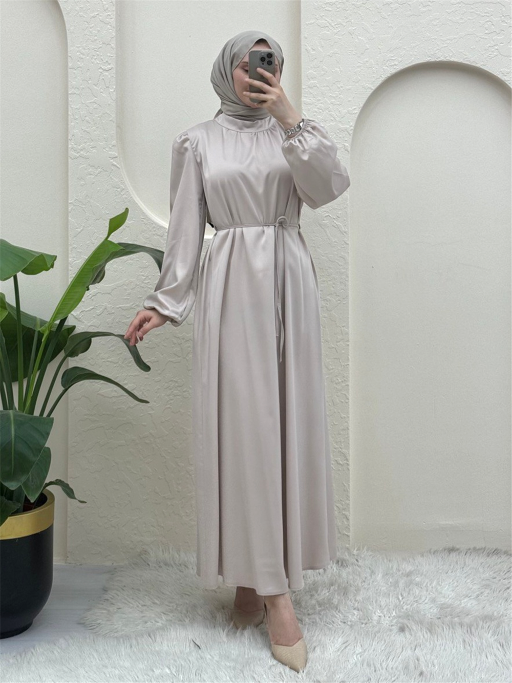 فستان سهرة ستان مع دانتيل على الخصر وأكمام مطاطية - بيج-386-6195-R56