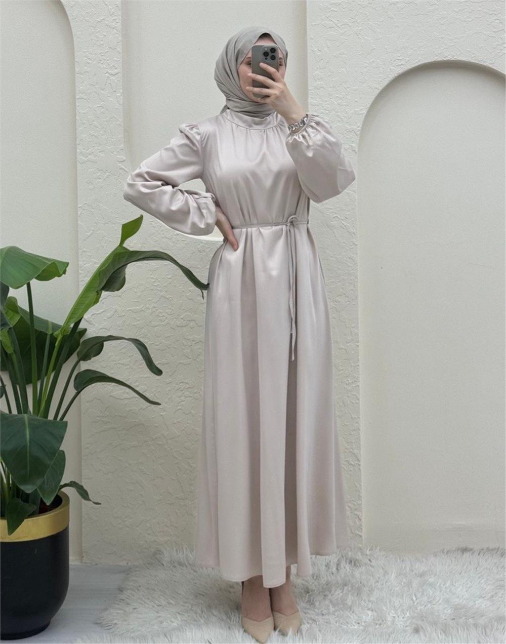 فستان سهرة ستان مع دانتيل على الخصر وأكمام مطاطية - بيج-386-6195-R56