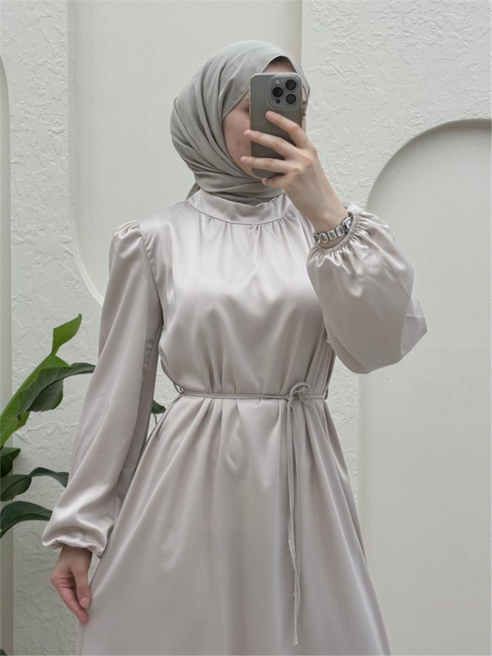 فستان سهرة ستان مع دانتيل على الخصر وأكمام مطاطية - بيج-386-6195-R56