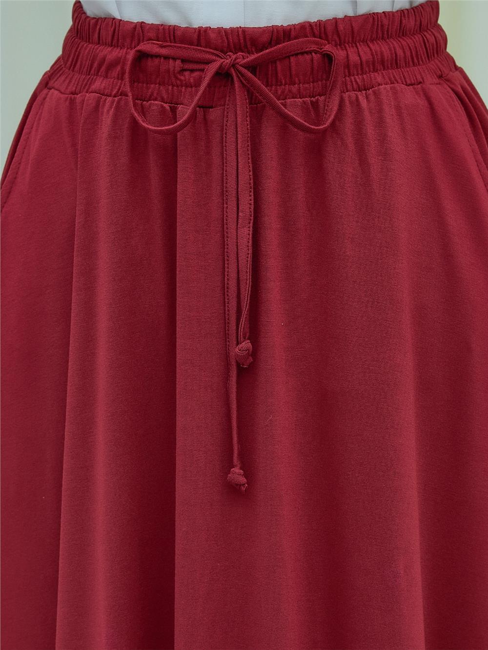 Beli Bağcıklı Lastikli Cepli Penye Etek  -Bordo-253-13068-R04