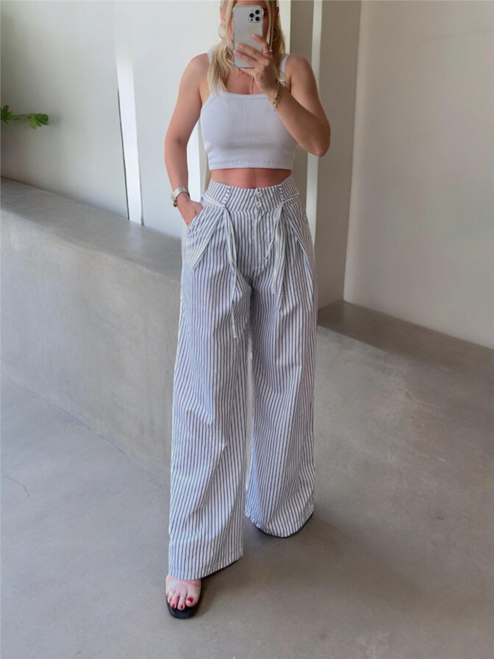 Tie Waist Wide Leg Striped Pocket Trousers -White-246-5290-R02