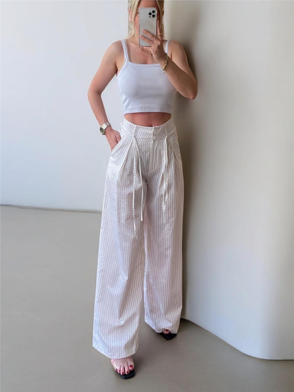Tie Waist Wide Leg Striped Pocket Trousers -Mink-246-5290-R23