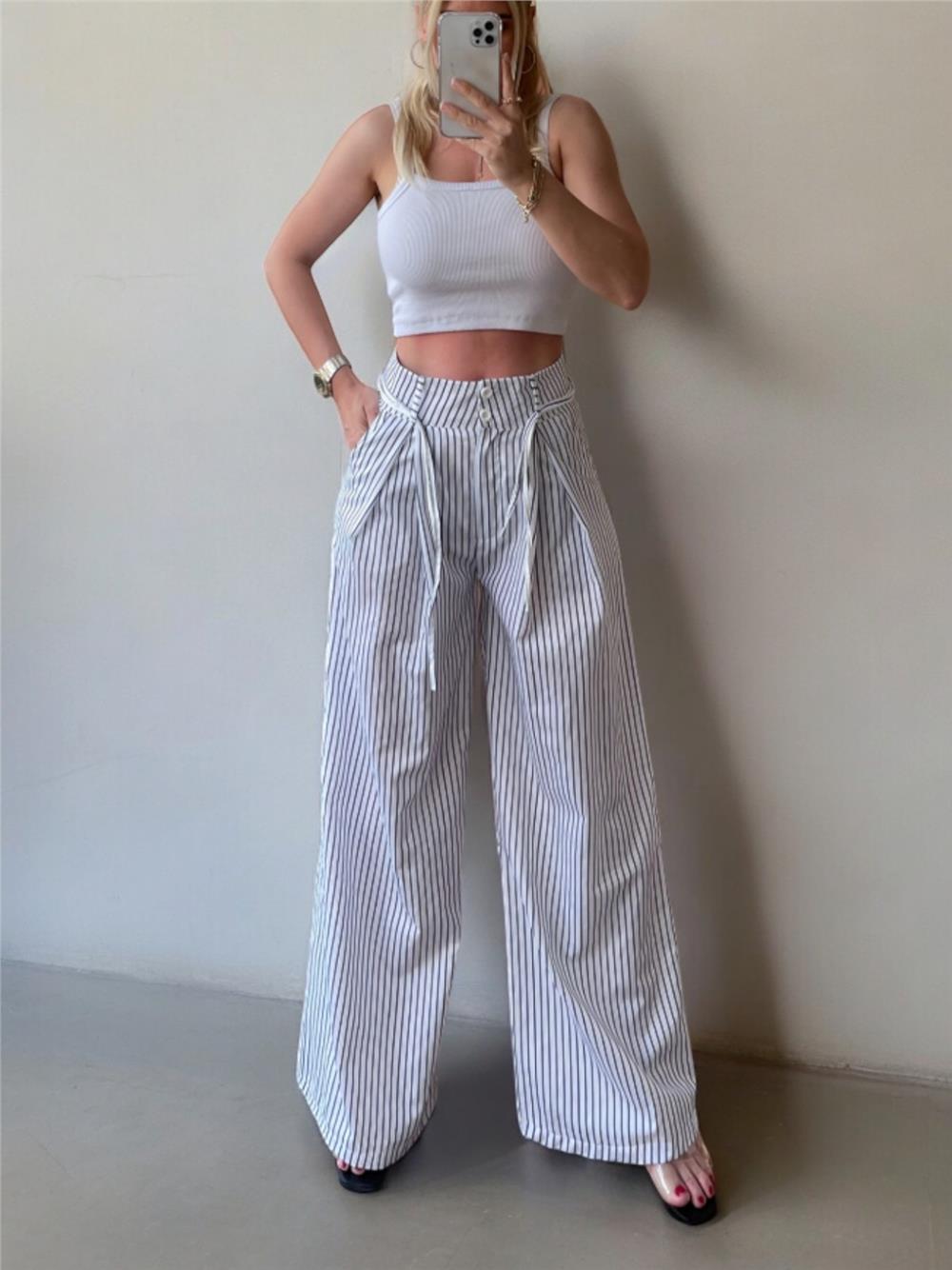 Tie Waist Wide Leg Striped Pocket Trousers -White-246-5290-R02