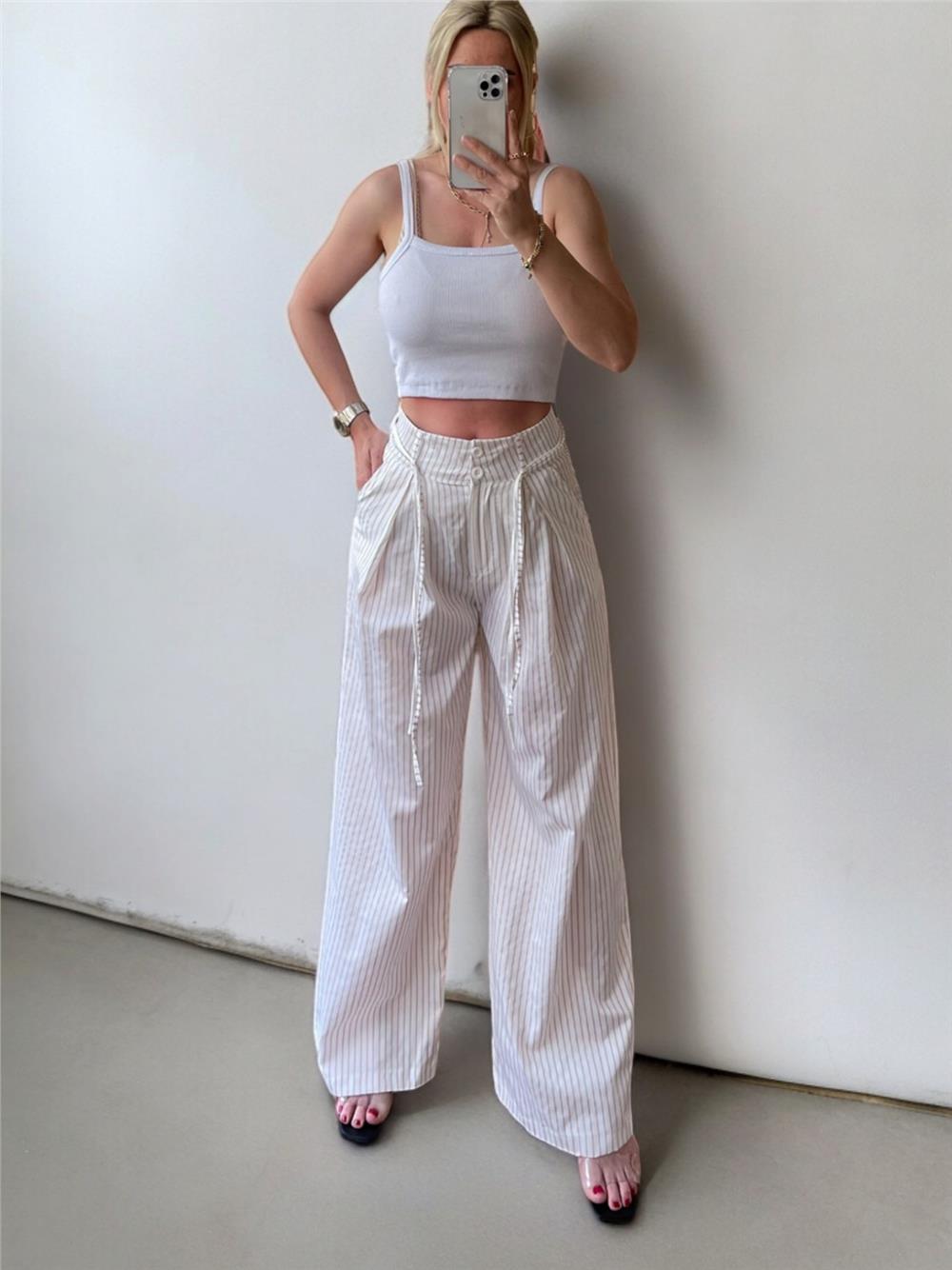 Tie Waist Wide Leg Striped Pocket Trousers -Mink-246-5290-R23