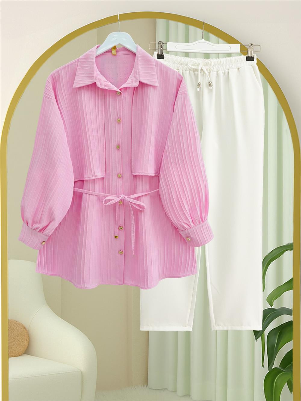 Beli Bağlamalı Bolero Detaylı Taşlı Düğmeli Gömlek -Pembe-398-1057-R20