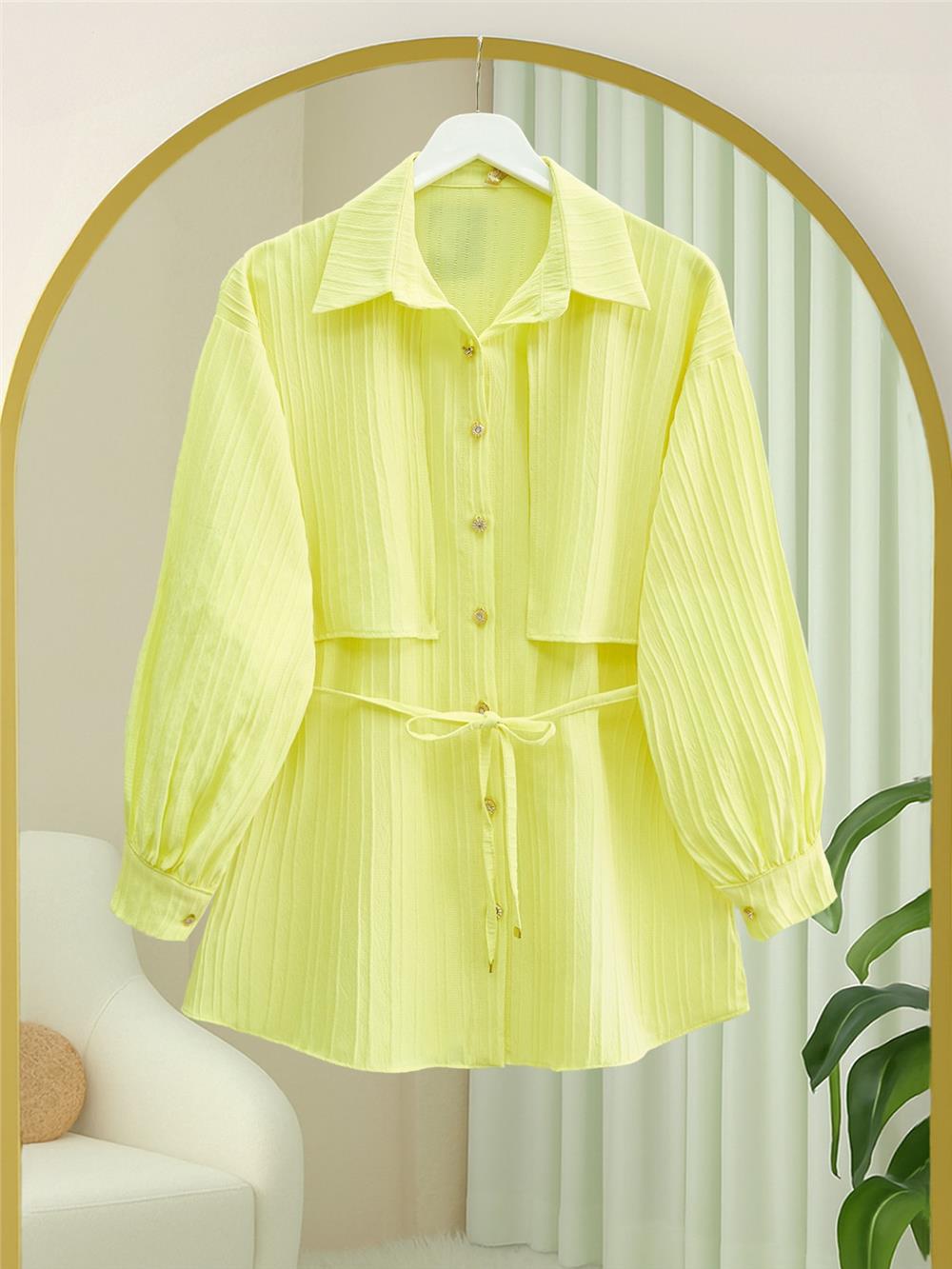 Beli Bağlamalı Bolero Detaylı Taşlı Düğmeli Gömlek -Sarı-398-1057-R22
