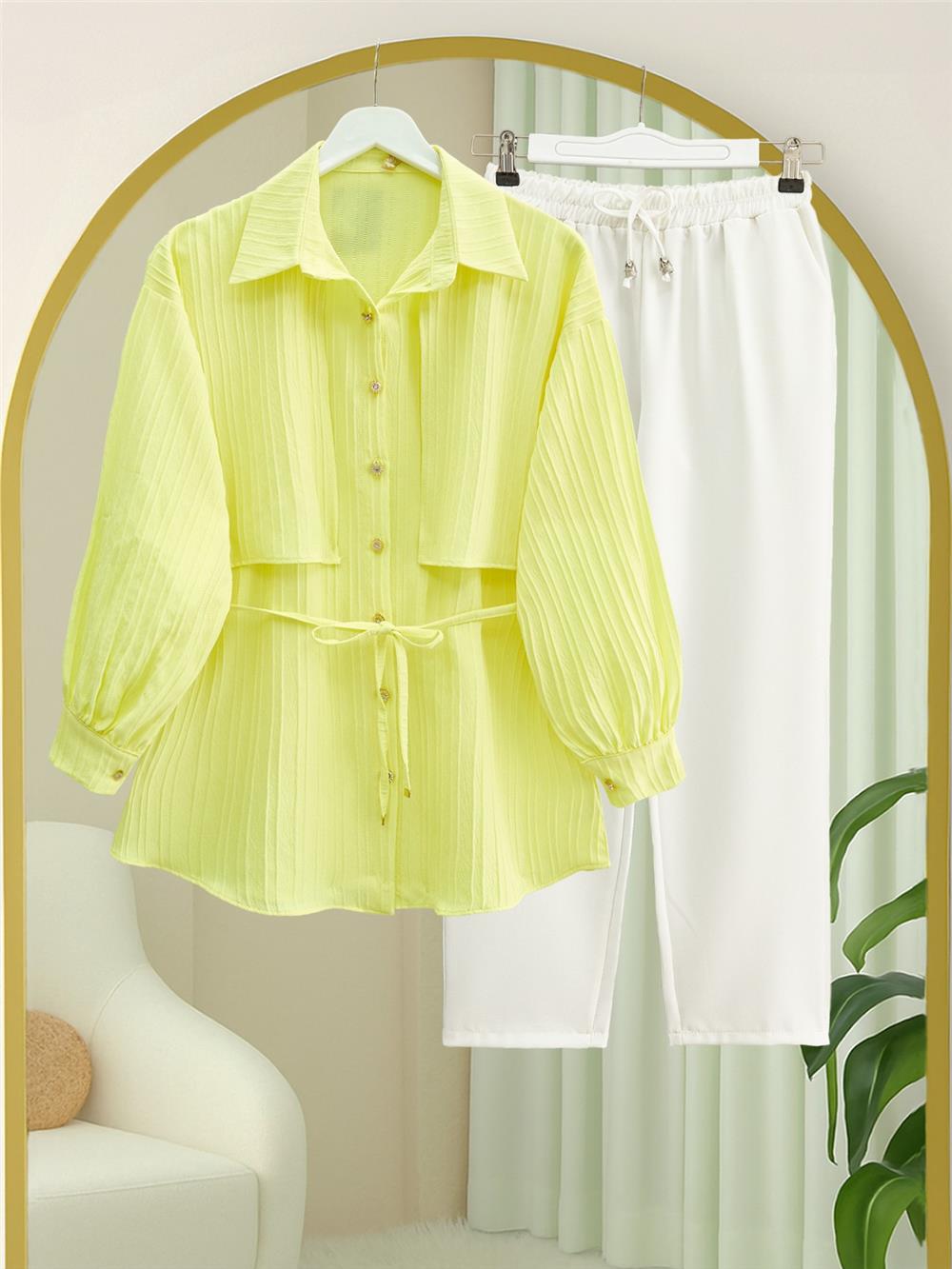 Beli Bağlamalı Bolero Detaylı Taşlı Düğmeli Gömlek -Sarı-398-1057-R22