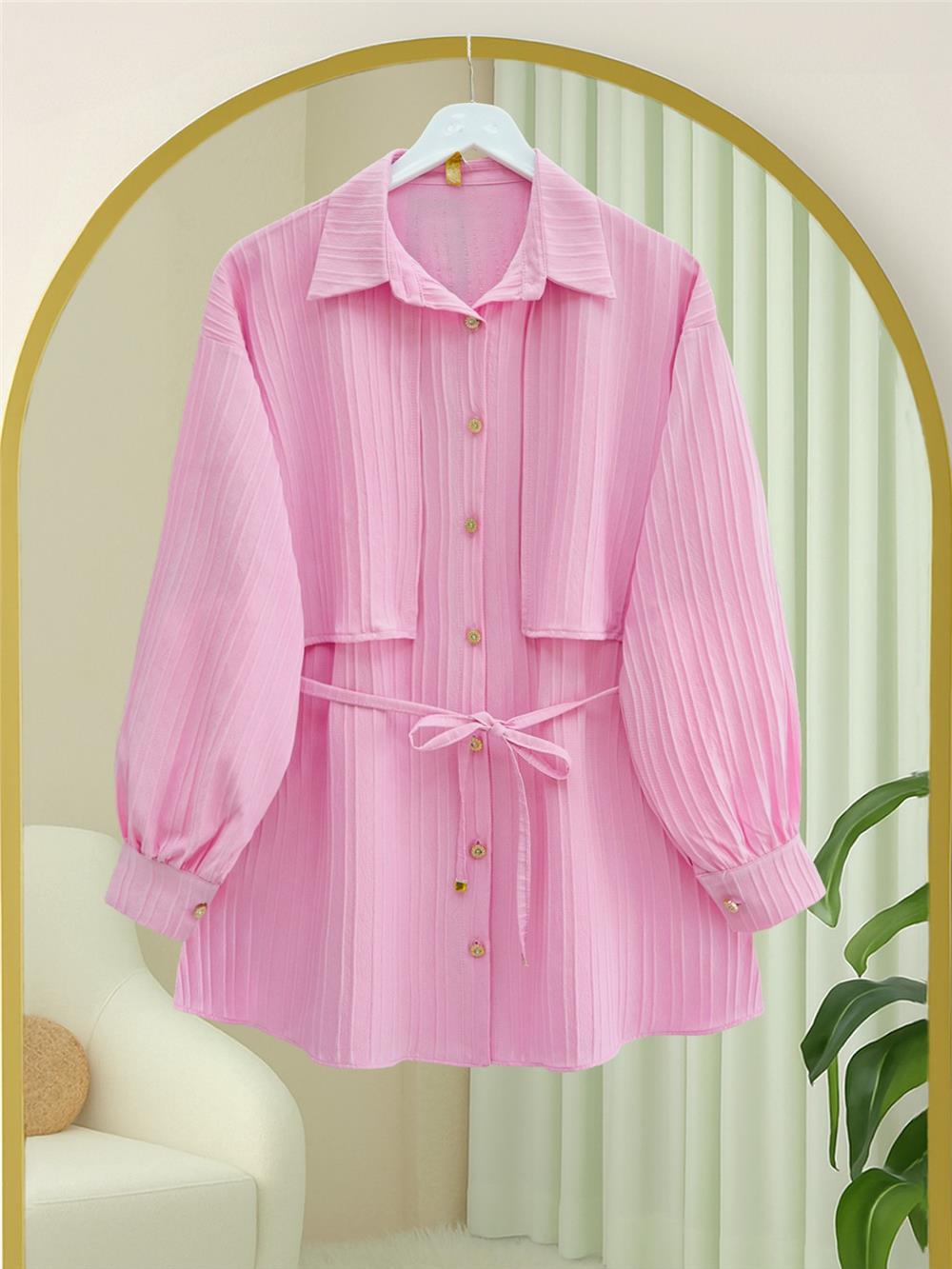 Beli Bağlamalı Bolero Detaylı Taşlı Düğmeli Gömlek -Pembe-398-1057-R20