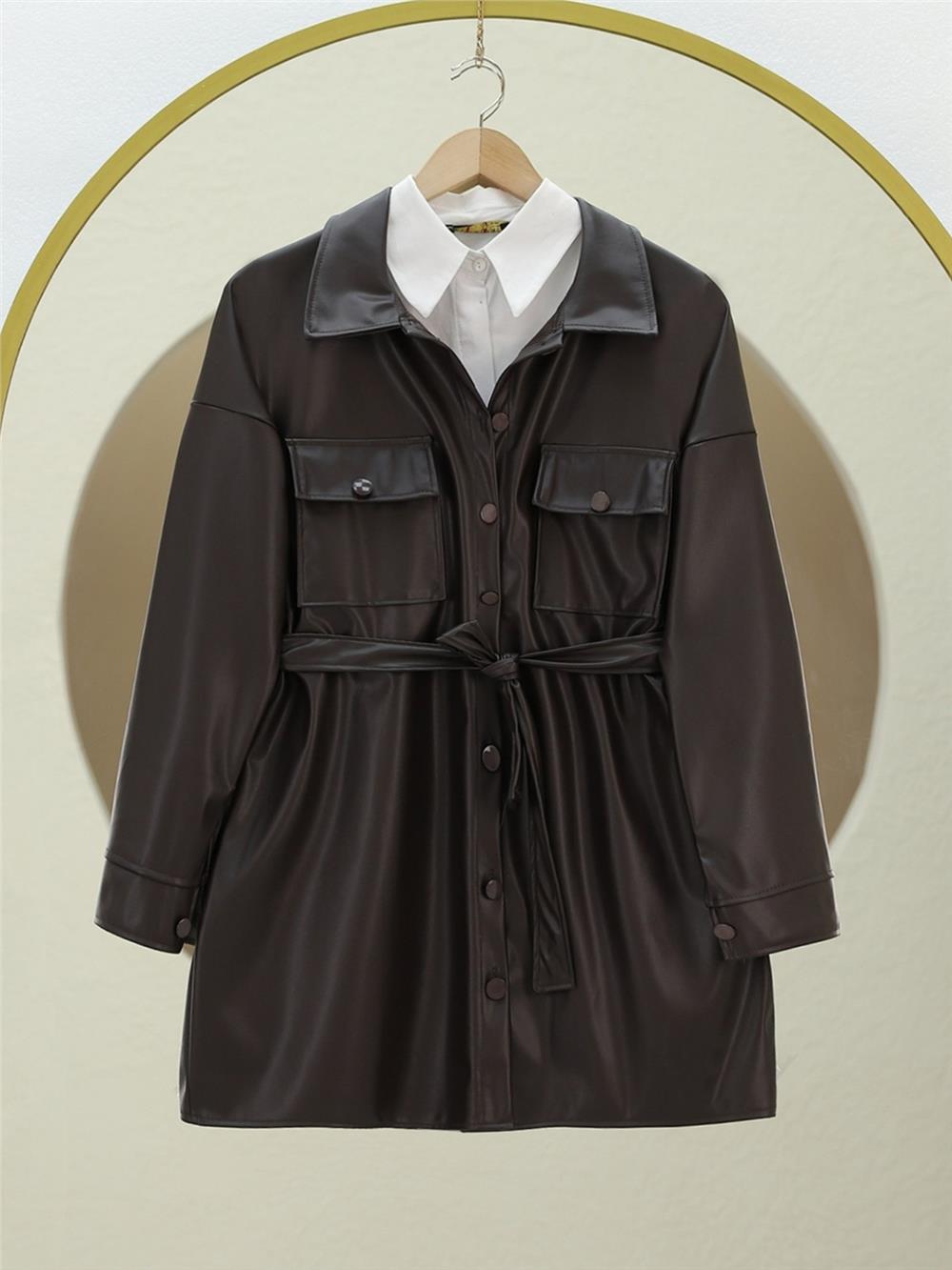 Beli Bağlamalı Çift Cepli Deri Gömlek -K. Kahve-398-5099-R54