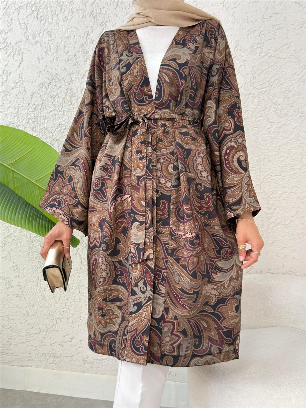 Beli Bağlamalı Etnik Desen Modal Kimono -Haki-307-2396-R05