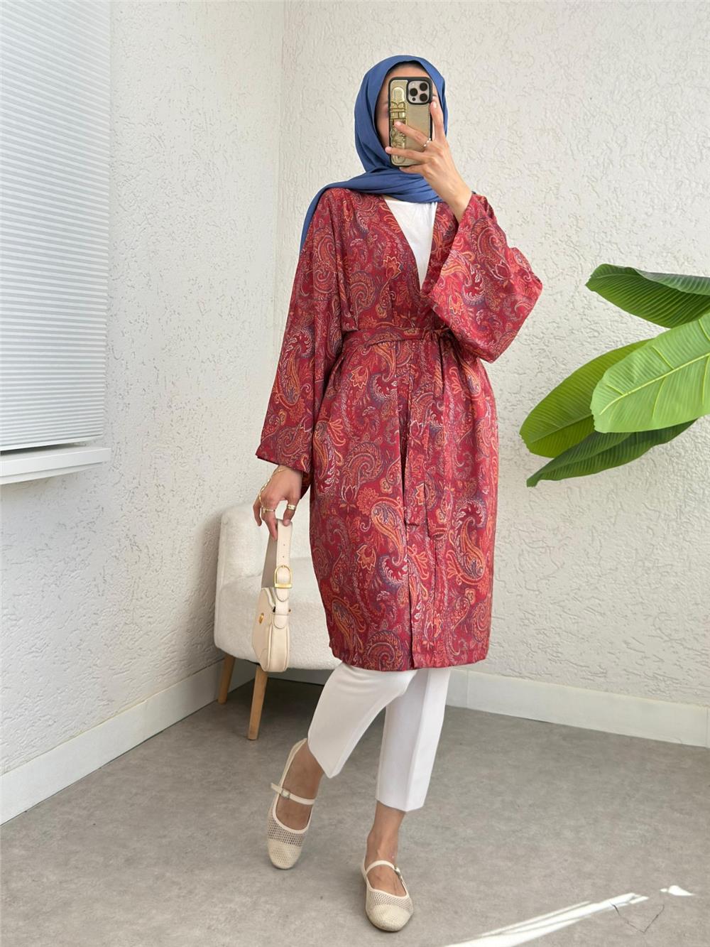 Beli Bağlamalı Etnik Desen Modal Kimono -Bordo-307-2396-R04