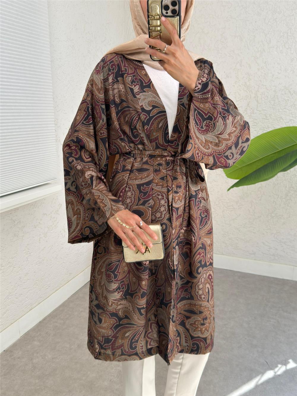 Beli Bağlamalı Etnik Desen Modal Kimono -Haki-307-2396-R05
