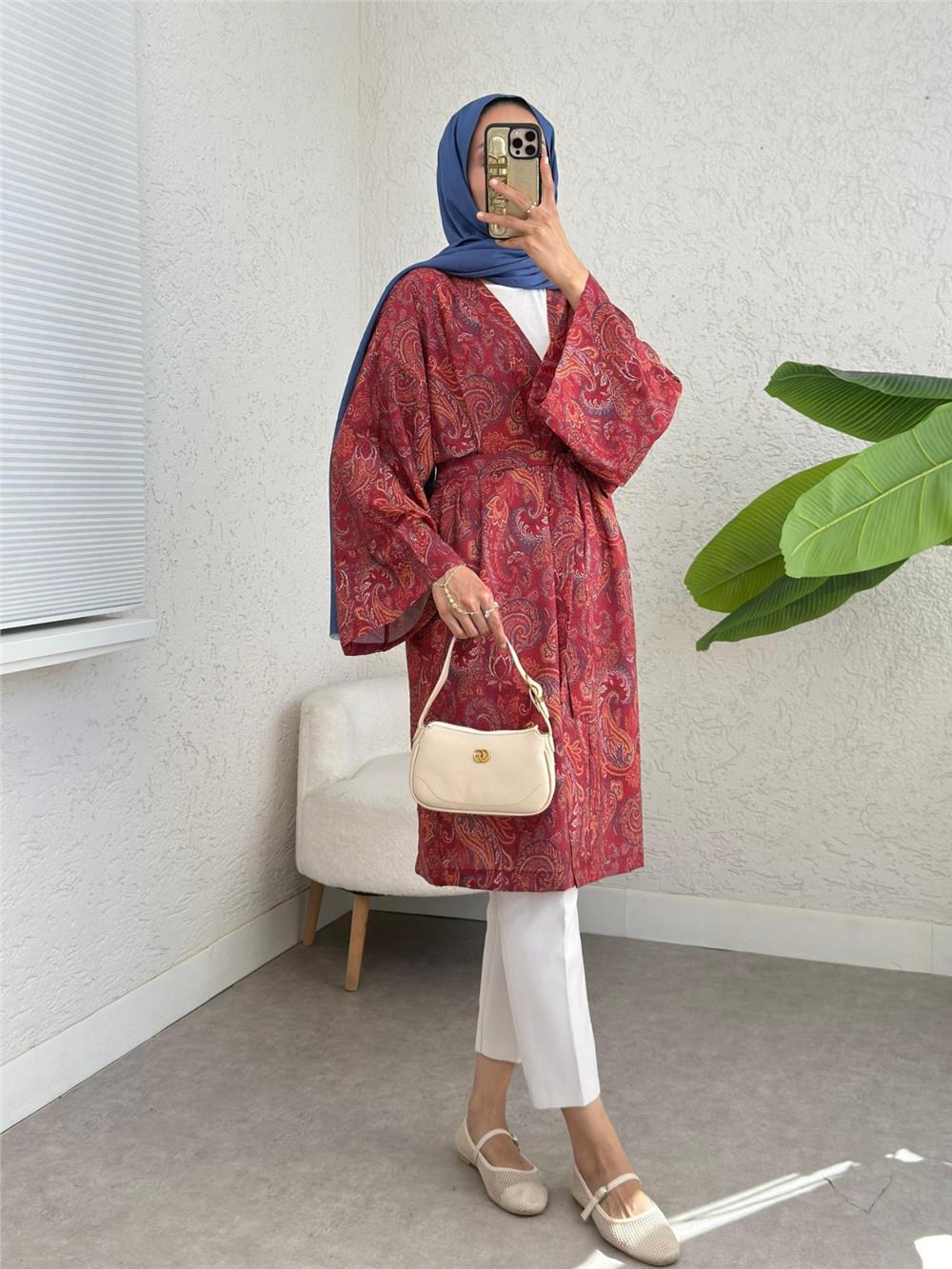 Beli Bağlamalı Etnik Desen Modal Kimono -Bordo-307-2396-R04