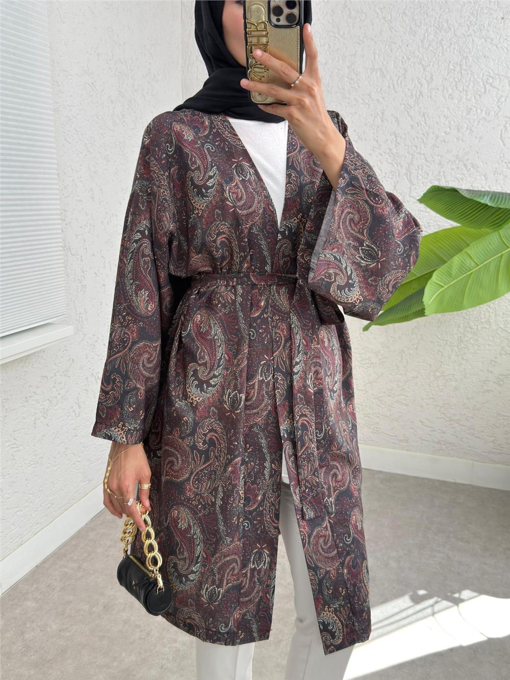 Beli Bağlamalı Etnik Desen Modal Kimono -Kahve-307-2396-R15