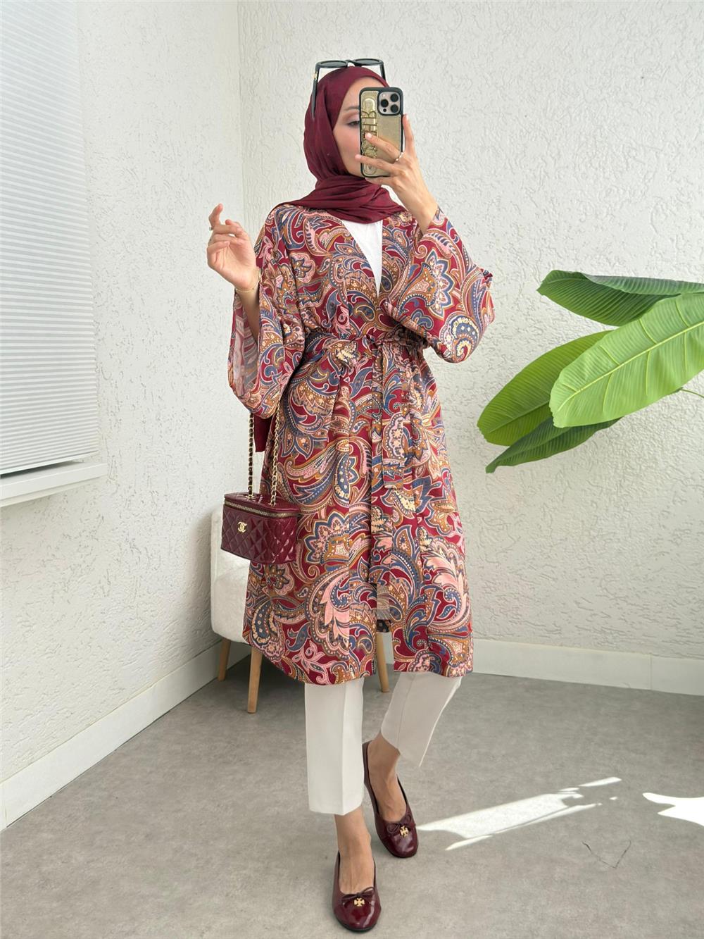 Beli Bağlamalı Etnik Desen Modal Kimono -Pembe-307-2396-R20