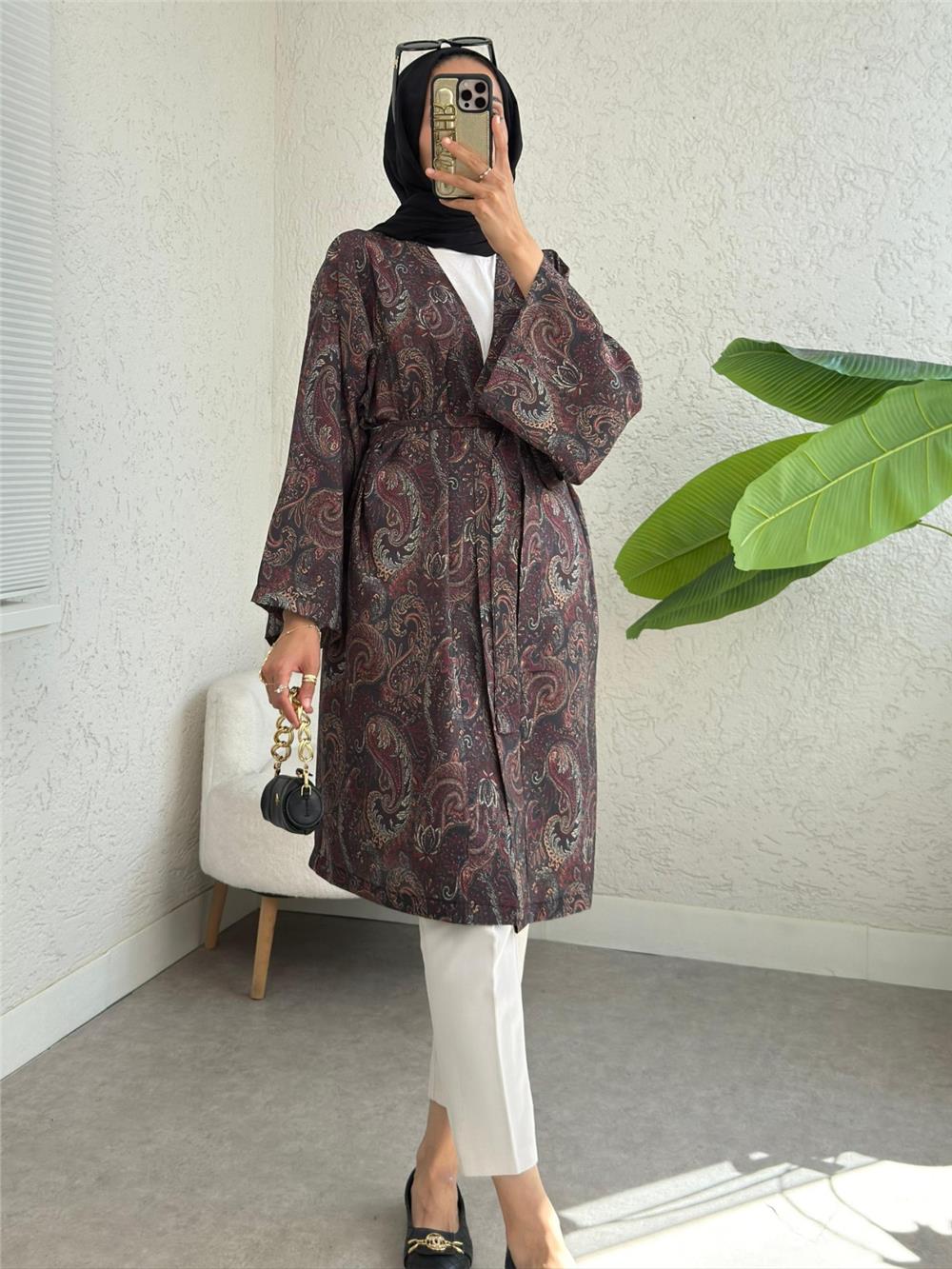 Beli Bağlamalı Etnik Desen Modal Kimono -Kahve-307-2396-R15