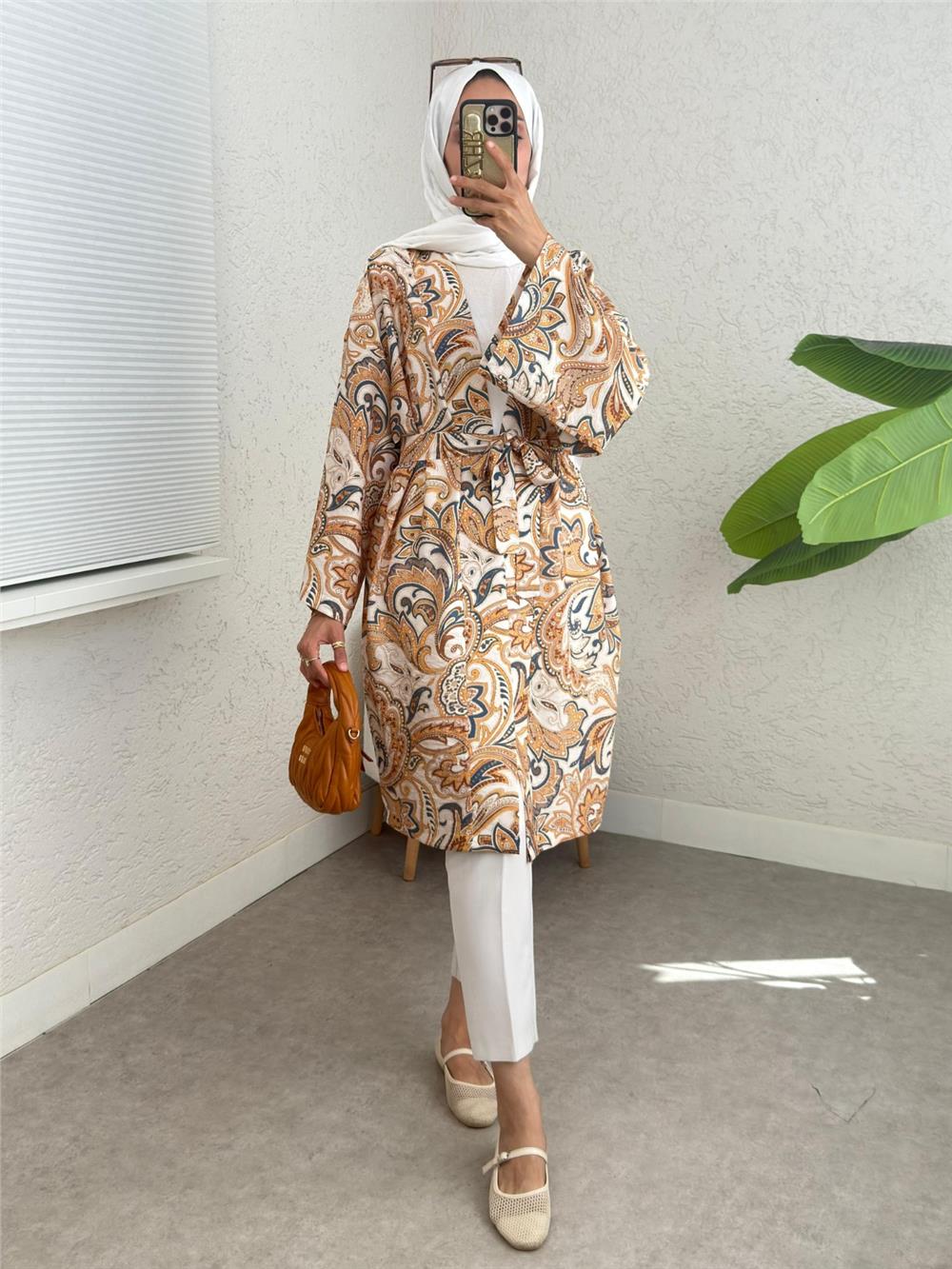 Beli Bağlamalı Etnik Desen Modal Kimono -Bej-307-2396-R56