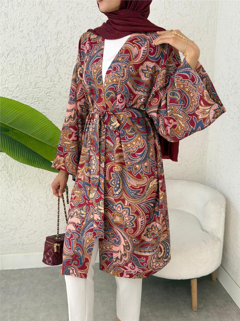 Beli Bağlamalı Etnik Desen Modal Kimono -Pembe-307-2396-R20