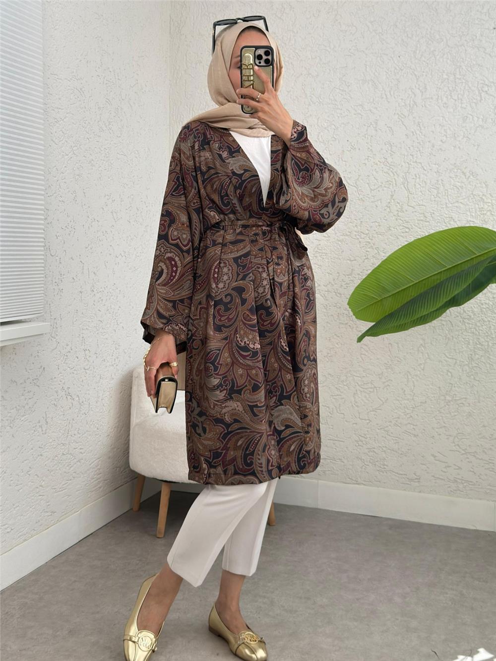 Beli Bağlamalı Etnik Desen Modal Kimono -Haki-307-2396-R05