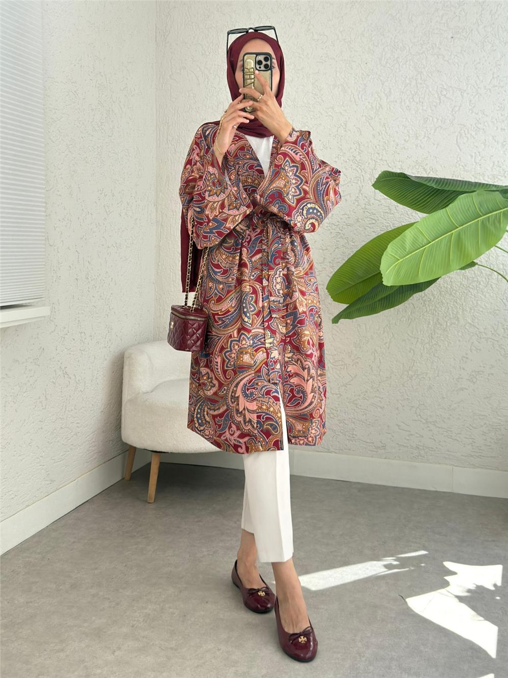 Beli Bağlamalı Etnik Desen Modal Kimono -Pembe-307-2396-R20