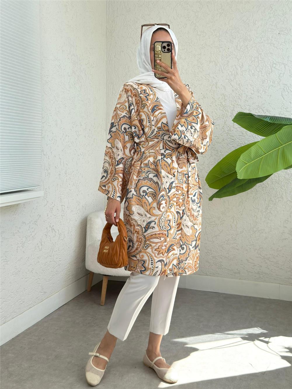 Beli Bağlamalı Etnik Desen Modal Kimono -Bej-307-2396-R56