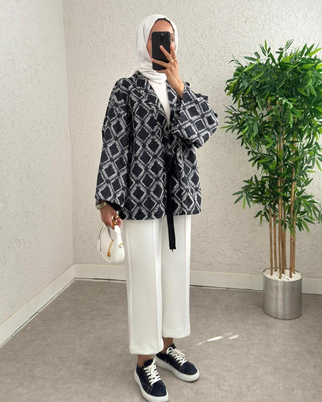Beli Bağlamalı Kare Desen Saçaklı Kimono -K.Laci