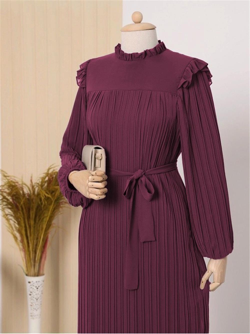 Beli Bağlamalı Kolu Lastikli Eteği Parçalı Şifon Elbise  -Bordo-413-10051-R04