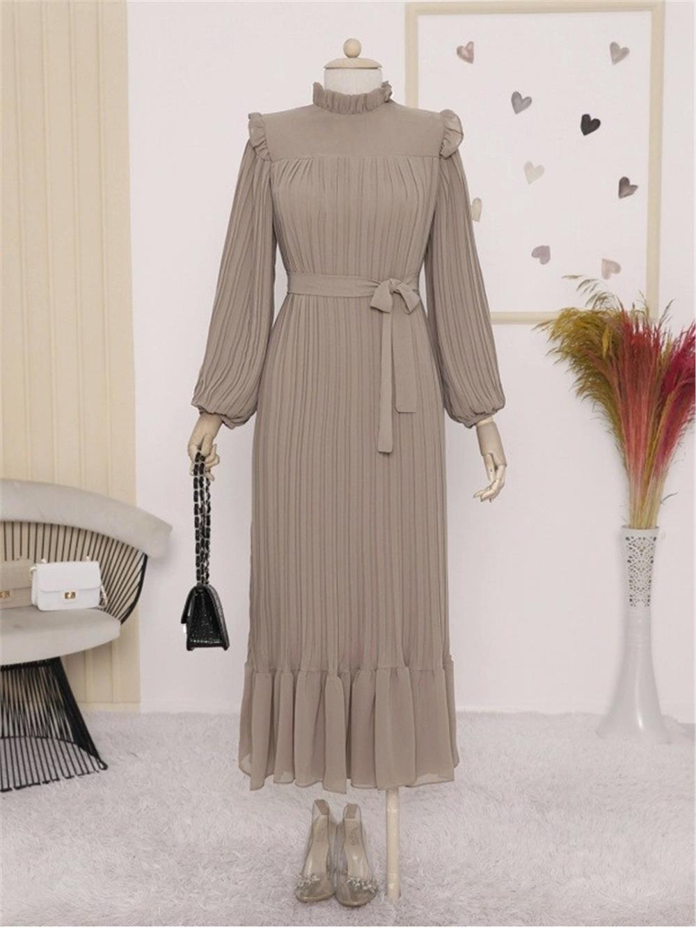Beli Bağlamalı Kolu Lastikli Eteği Parçalı Şifon Elbise  -Vizon-413-10051-R23