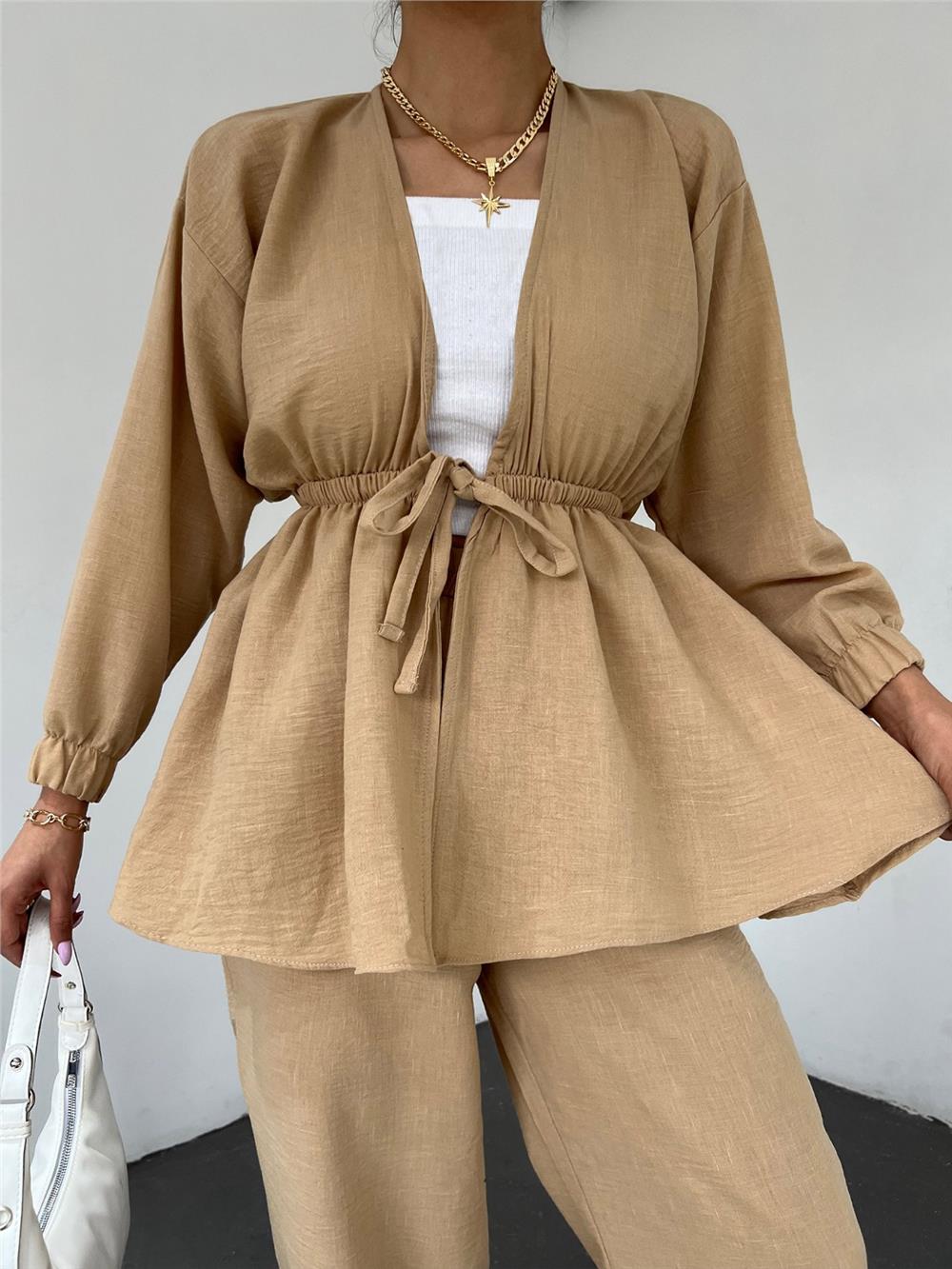 Tie Waist Elastic Double Linen Set -Mink Color-246-4214-R23