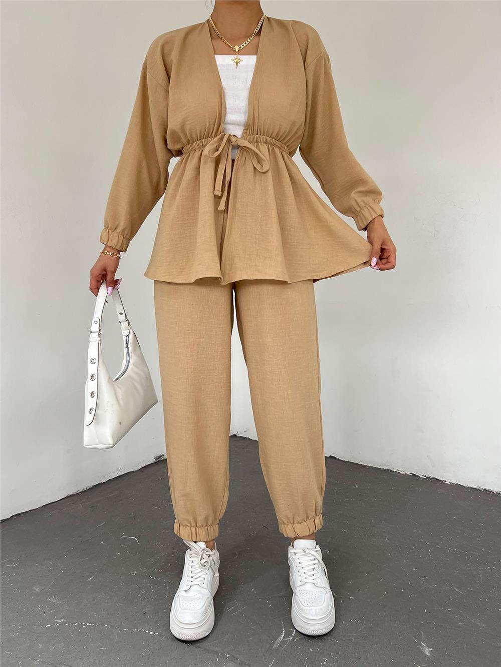 Tie Waist Elastic Double Linen Set -Mink Color-246-4214-R23