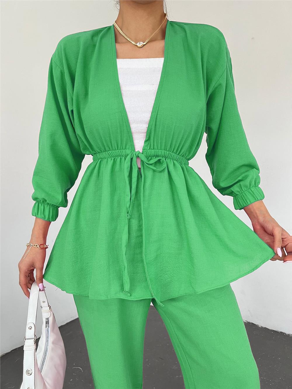 Tie Waist Elastic Double Linen Set -Green-246-4214-R35