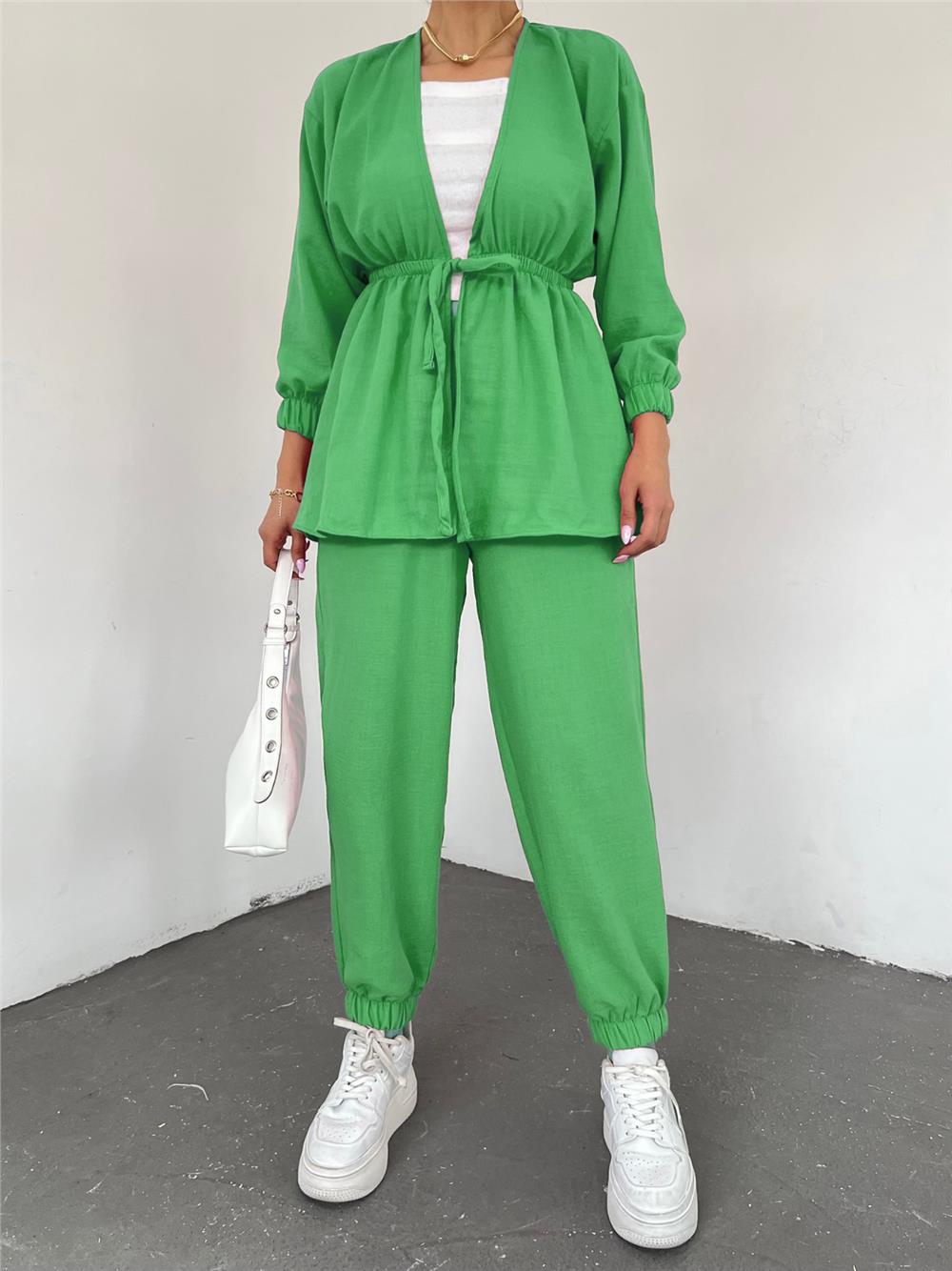 Tie Waist Elastic Double Linen Set -Green-246-4214-R35