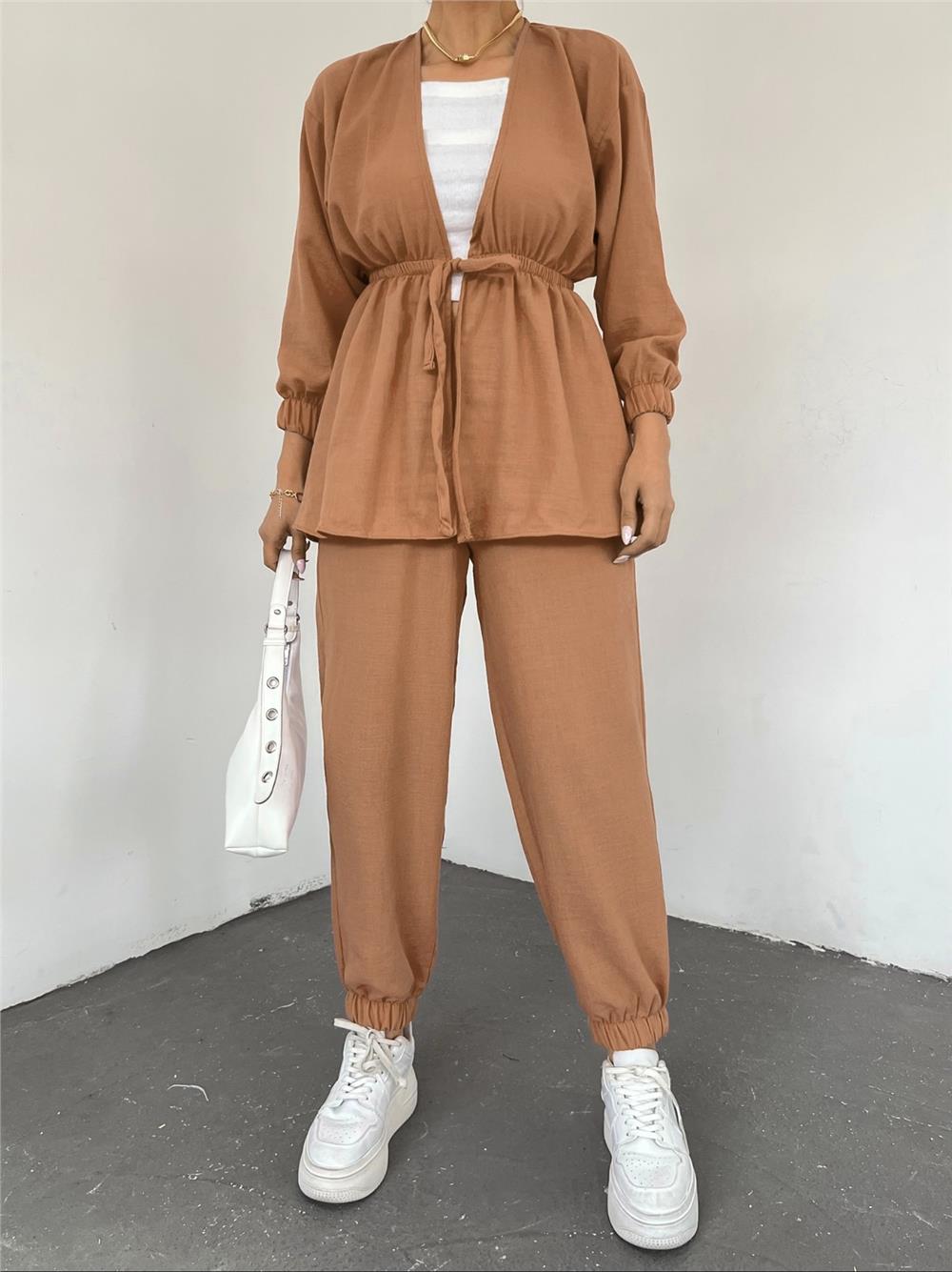 Tie Waist Elastic Double Linen Set -Snuff-246-4214-R12