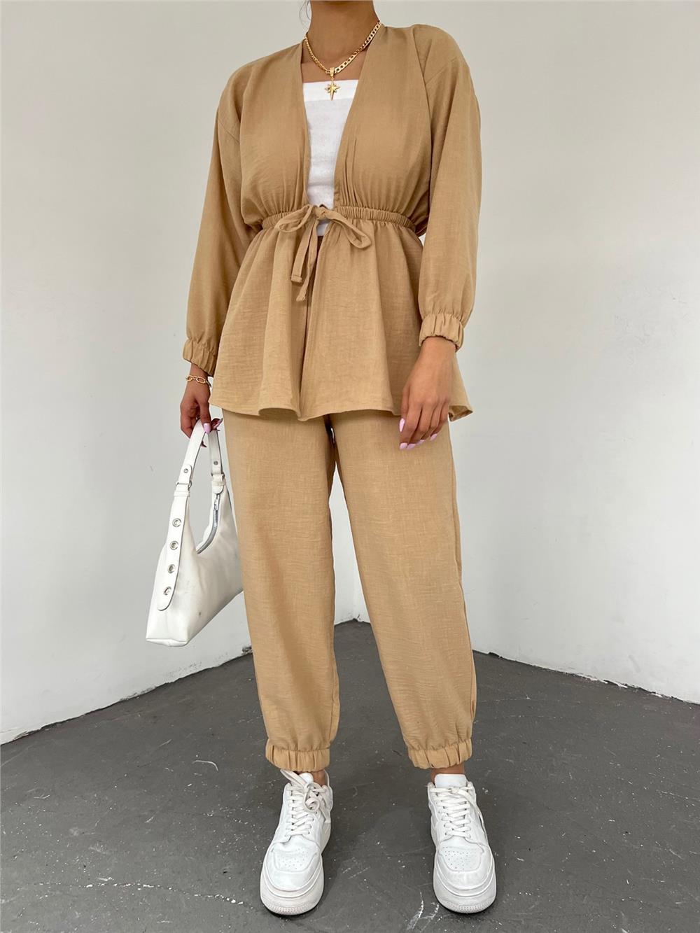 Tie Waist Elastic Double Linen Set -Mink Color-246-4214-R23