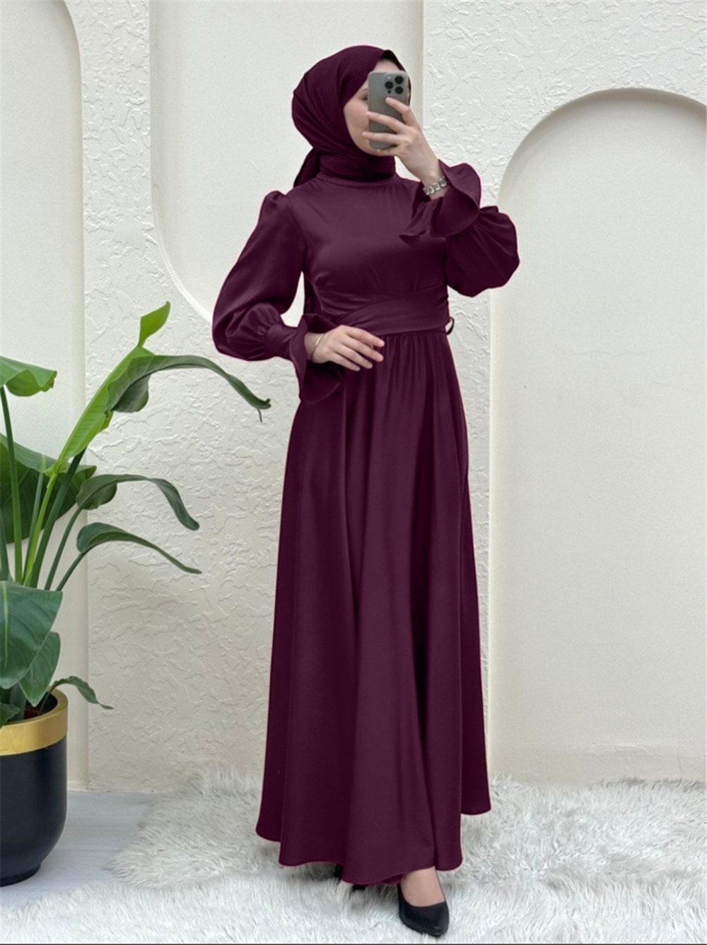 Satin Evening Dress with Cross Tie Waist - Plum-386-5983-R09